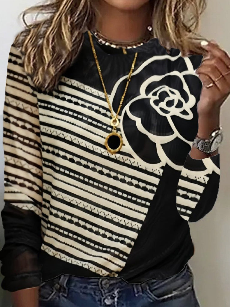Loose Crew Neck Long Sleeve Floral Fashion Regular Blouses