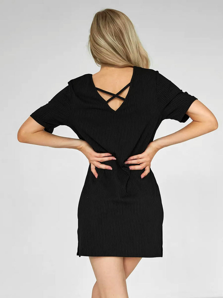 V-Neck Crossed Front Back Casual Short-Sleeved Soft Elastic Breathable Mini Dress