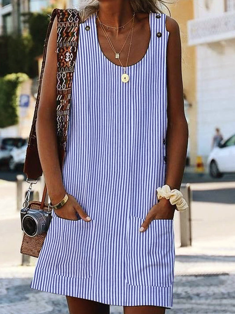 Fashion Sleeveless Crew Neck Striped Short Dress