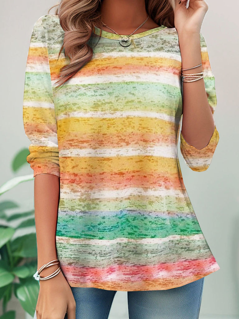 Loose Crew Neck Long Sleeve Striped Fashion Regular T-Shirt
