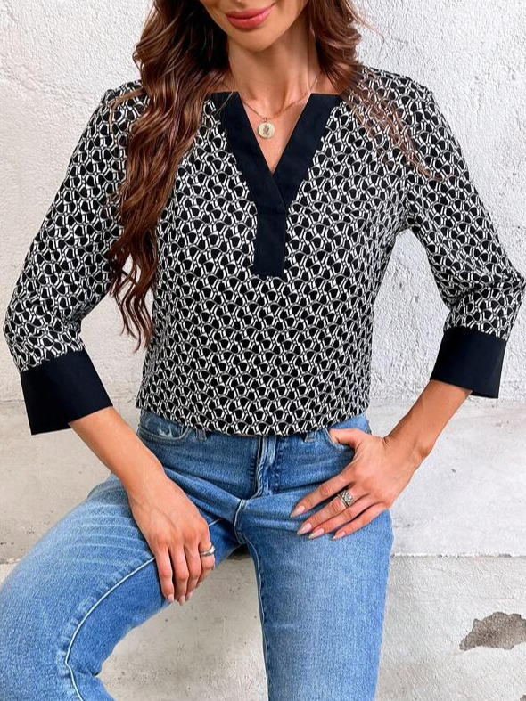 Fashion V Neck Long Sleeve Geometric Loose Regular Blouse