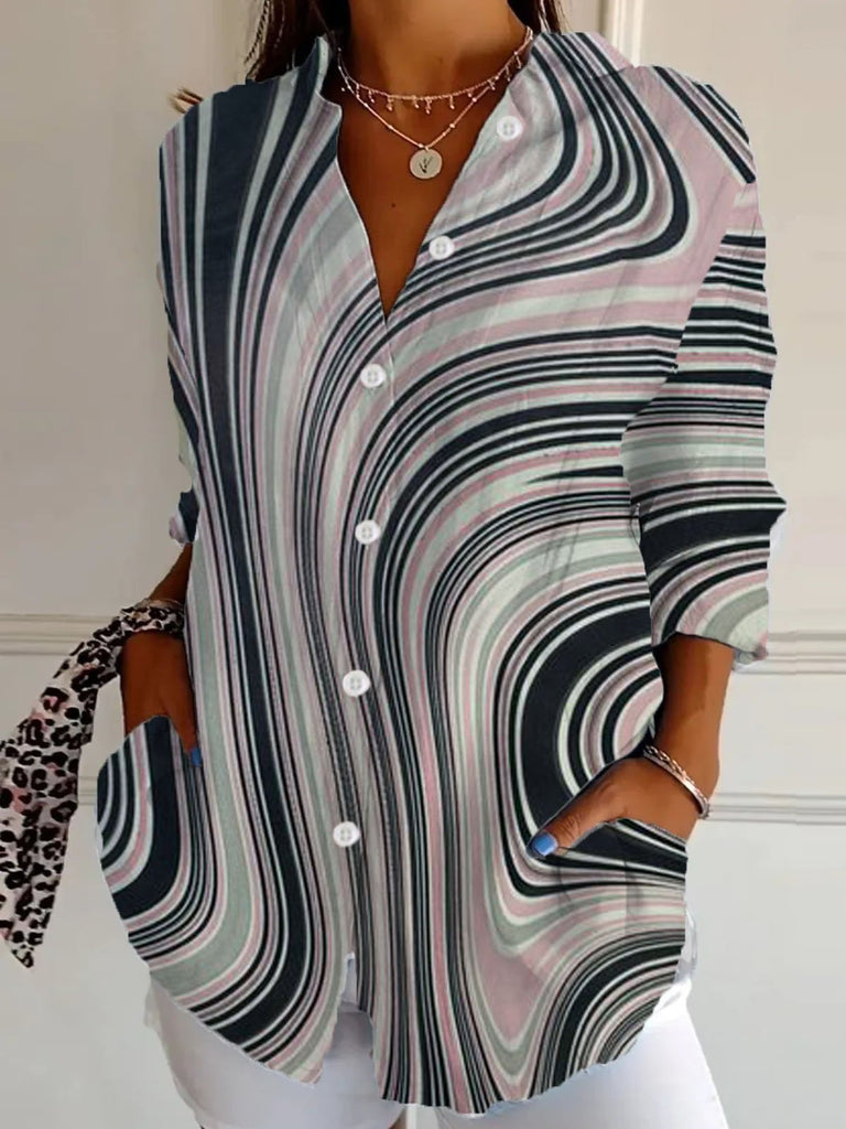Fashion Long Sleeve Shirt Collar Geometric Loose Regular Shirt