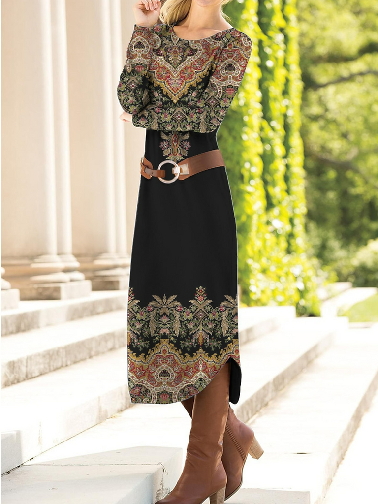 Fashion Crew Neck Long Sleeve Ethnic Loose Midi Dress