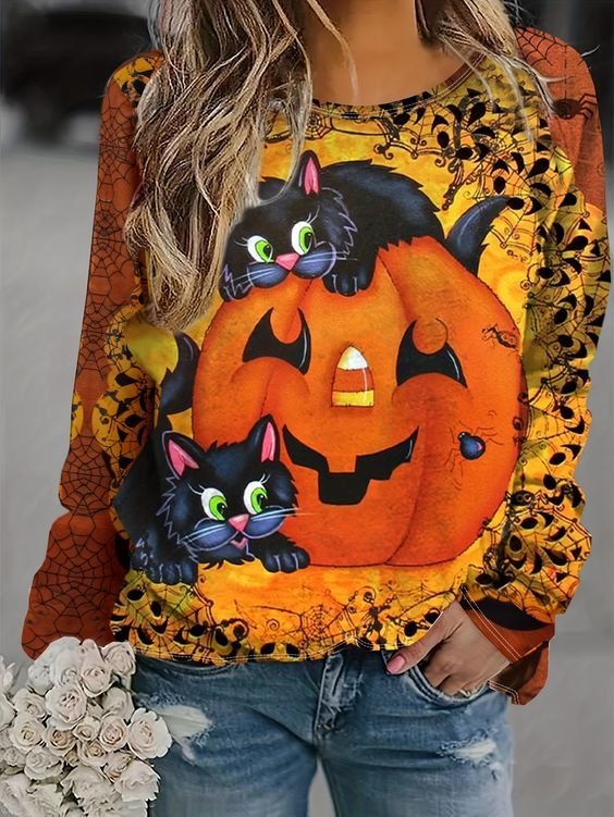 Fashion Crew Neck Long Sleeve Halloween Casual Regular Sweatshirt