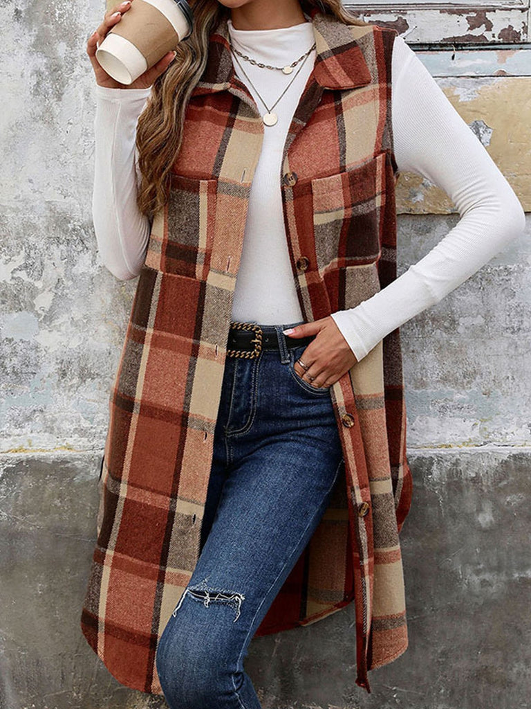 Fashion Sleeveless Plaid Buckle Pocket Stitching Loose Mid-Long Vest