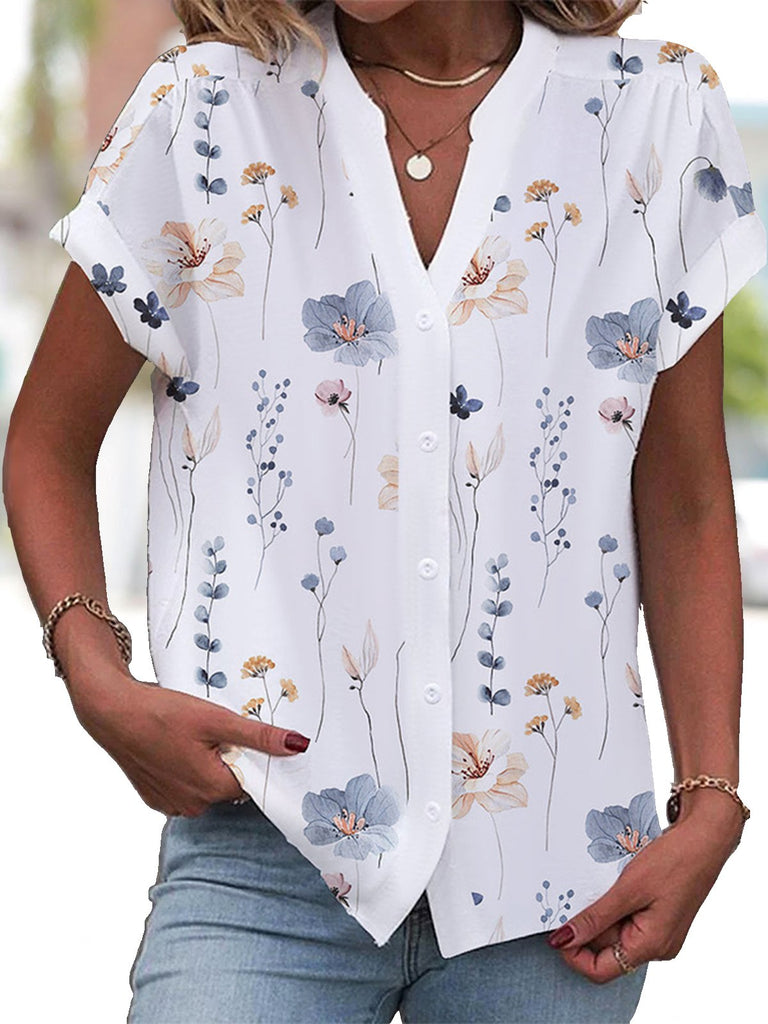Fashion V Neck Short Sleeve Floral Loose Regular Shirt