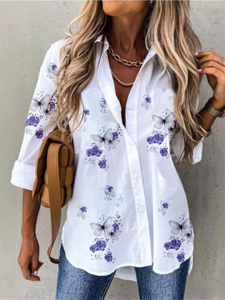 Loose Long Sleeve Shirt Collar Ethnic Floral Fashion Regular Shirt