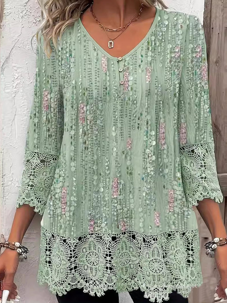 Fashion 3/4 Sleeve V Neck Floral Loose Mid-Long Blouse