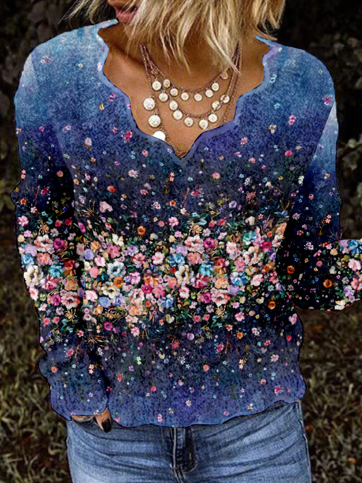Fashion V Neck Long Sleeve Floral Loose Regular Blouse