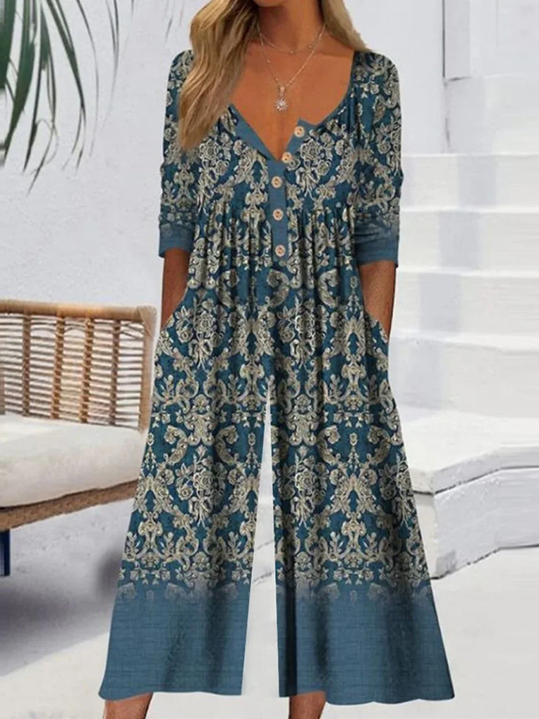Loose V Neck 3/4 Sleeve Ethnic Fashion Long Jumpsuit