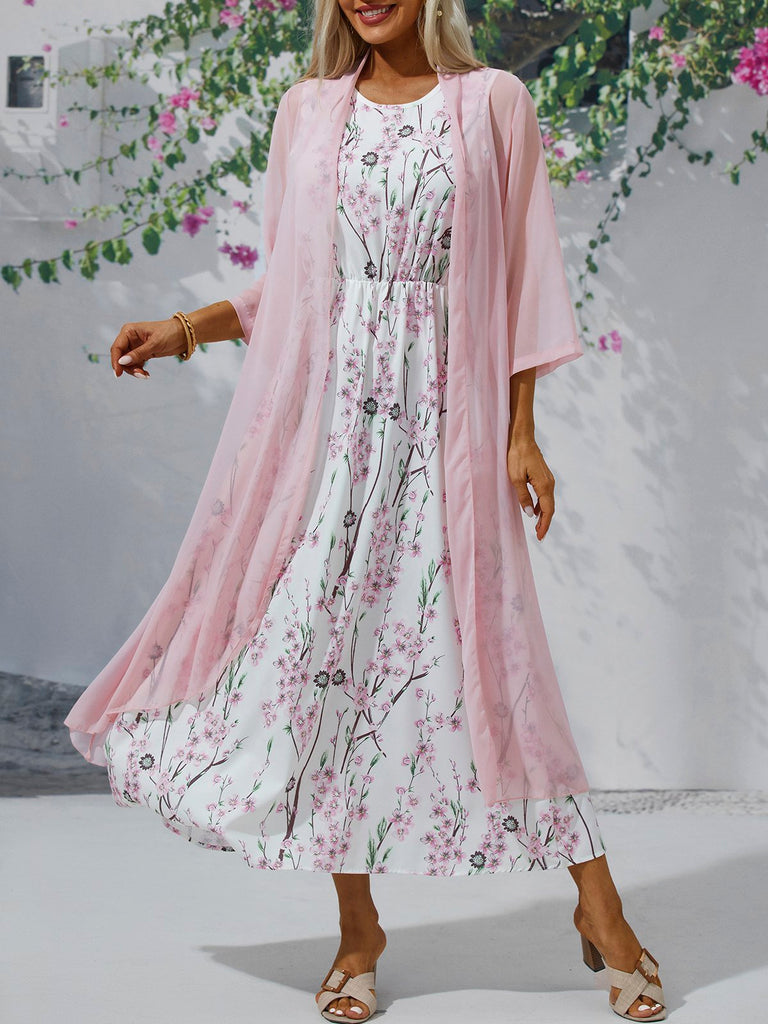 Fashion 3/4 Sleeve Crew Neck Floral Loose Maxi Dress