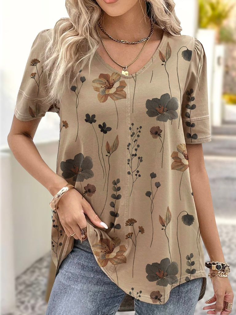 Fashion V Neck Short Sleeve Floral Loose Mid-Long Blouse