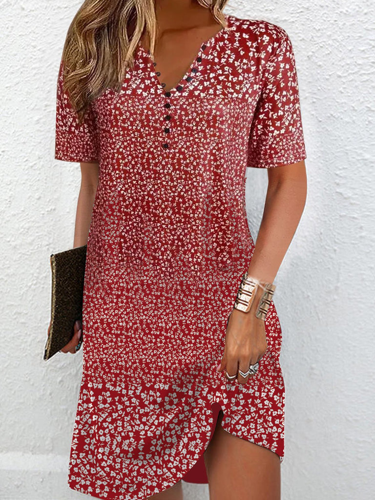 Fashion Short Sleeve Shirt Collar Floral Loose Short Dress