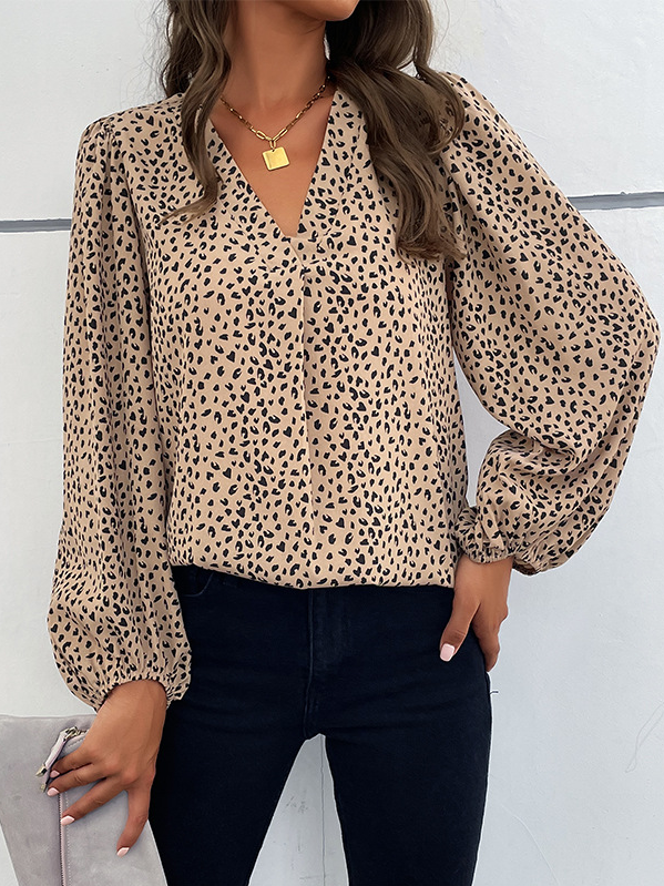 Fashion V Neck Long Sleeve Leopard Loose Regular Blouse
