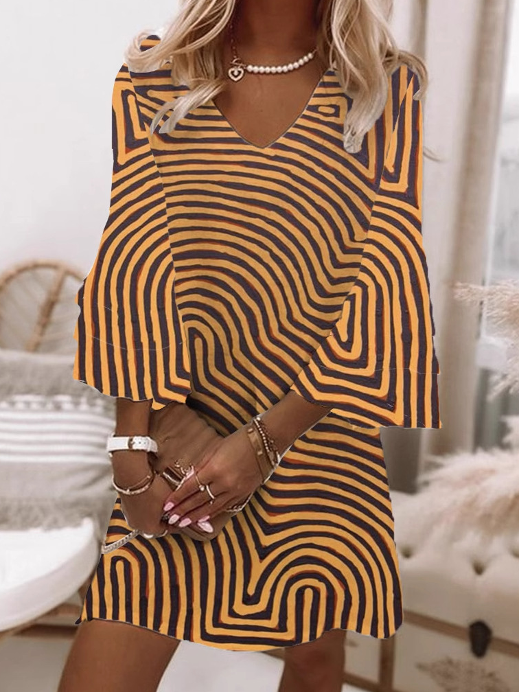Fashion 3/4 Sleeve V Neck Geometric Loose Short Dress