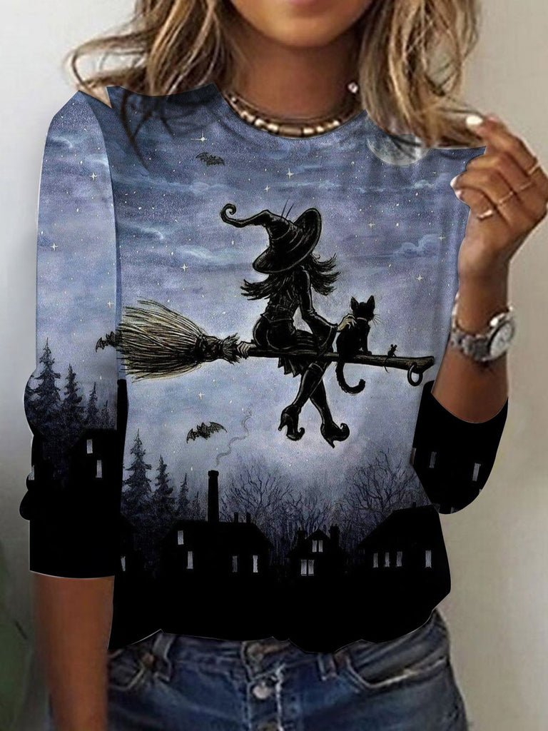 Vintage Crew Neck Long Sleeve Halloween Loose Regular T-Shirt