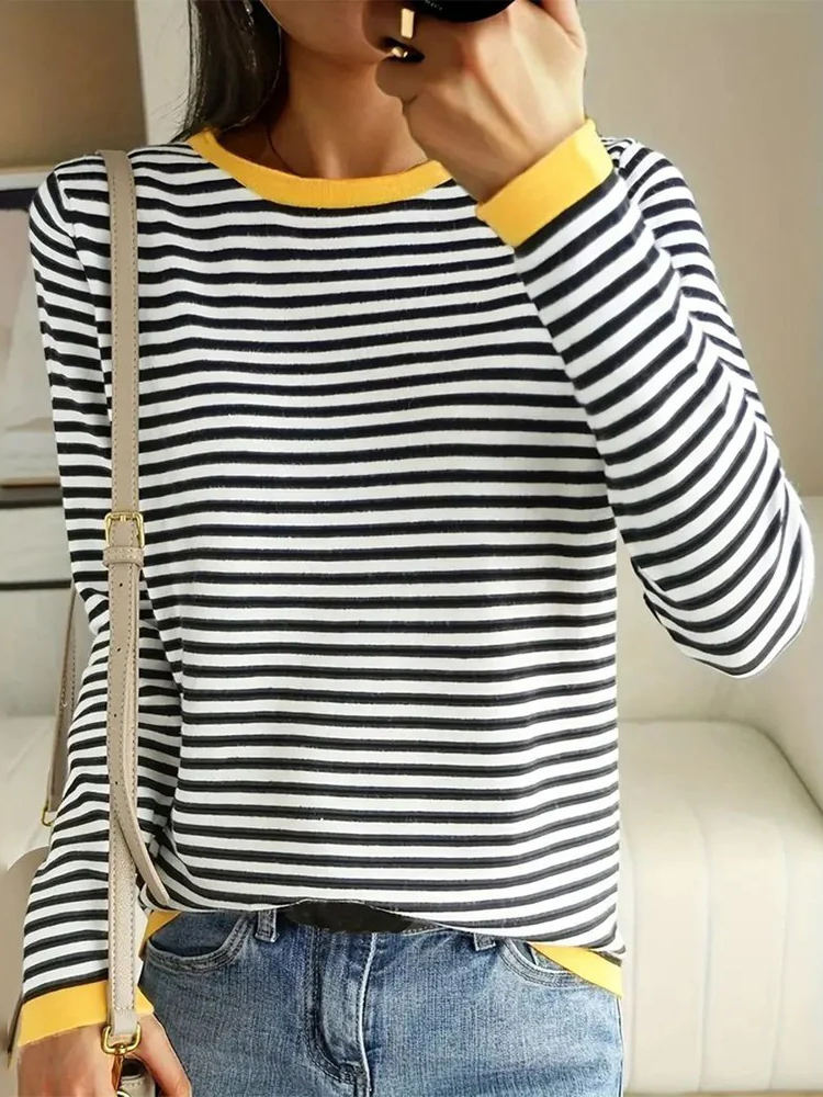 Fashion Crew Neck Long Sleeve Striped Loose Regular T-Shirt