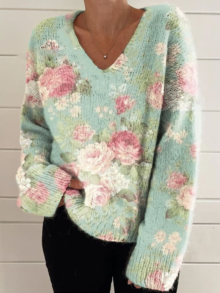 Loose V Neck Long Sleeve Floral Printing Fashion Regular Blouse
