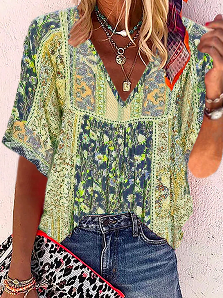 Loose V Neck Short Sleeve Floral Fashion Regular Blouse