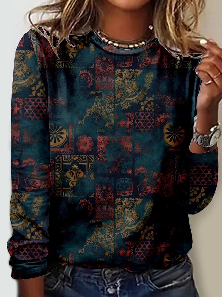 Casual Crew Neck Long Sleeve Ethnic Fashion Regular T-Shirt