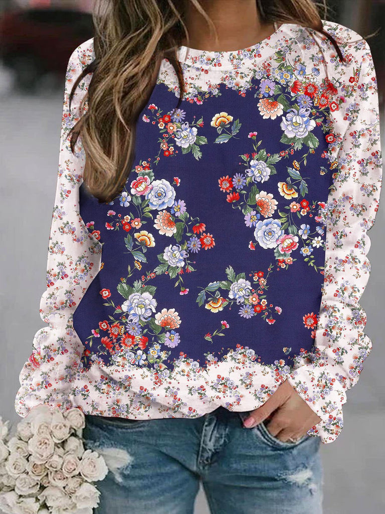 Fashion Crew Neck Long Sleeve Floral Casual Regular Sweatshirt