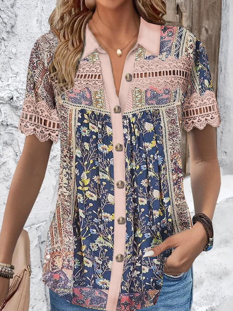 Loose Short Sleeve Shirt Collar Floral Fashion Regular Shirt