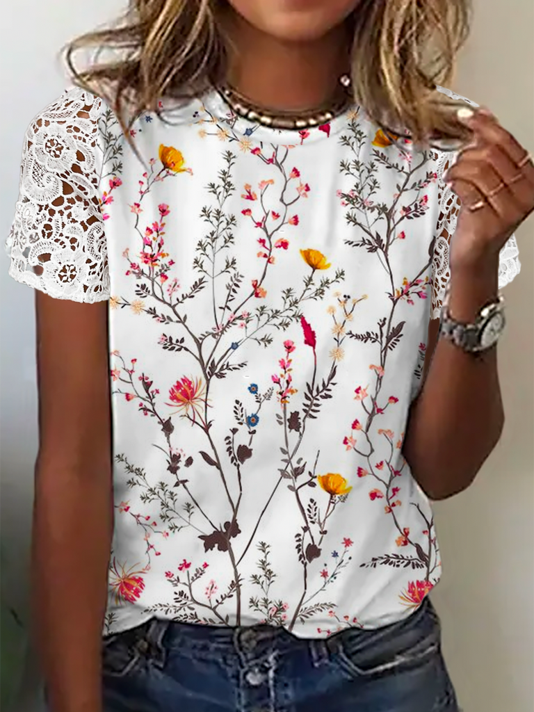 Fashion Short Sleeve Crew Neck Floral Casual Regular Blouses