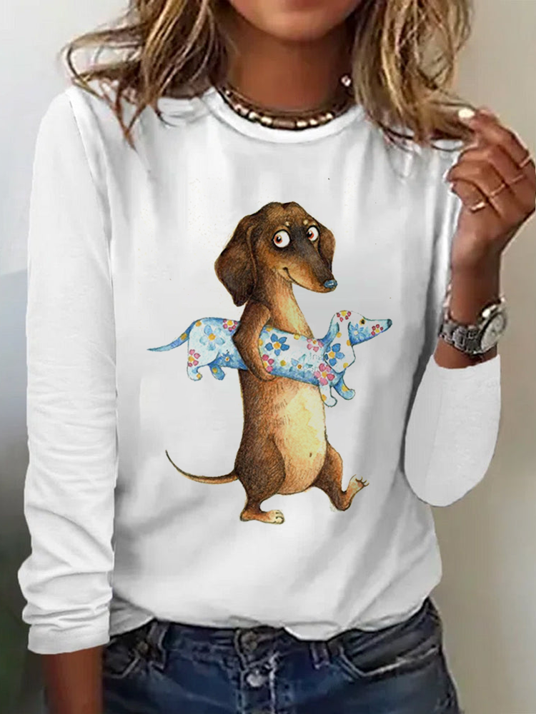 Fashion Crew Neck Long Sleeve Dog Casual Regular T-Shirt