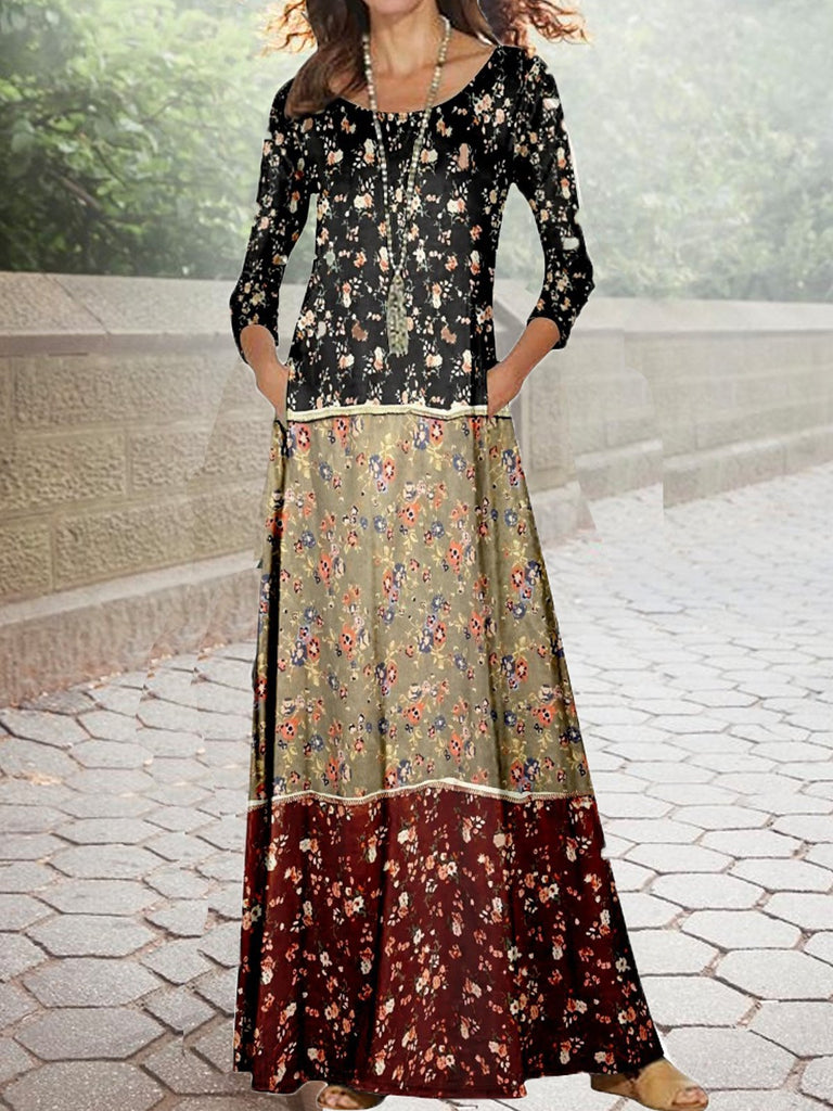 Fashion Long Sleeve Shawl Collar Floral Maxi Dress