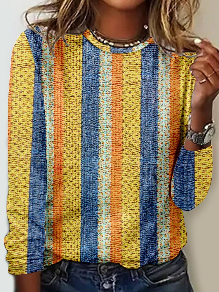 Loose Crew Neck Long Sleeve Floral Striped Fashion Regular T-Shirt