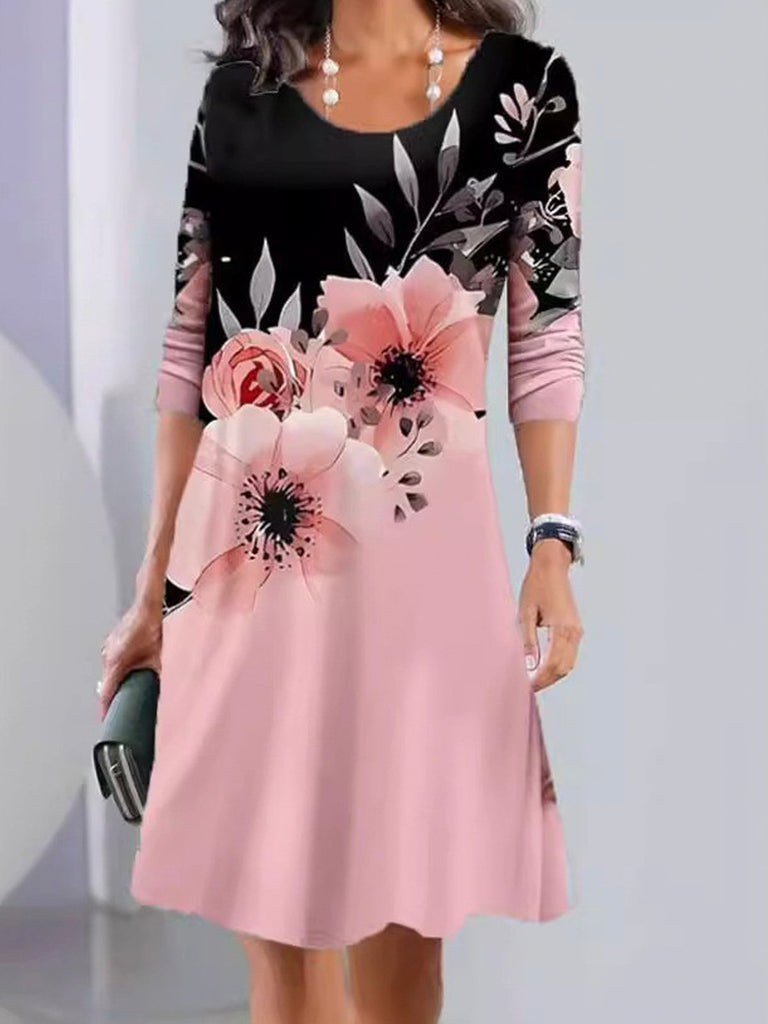 Fashion Crew Neck Long Sleeve Floral Loose Midi Dress