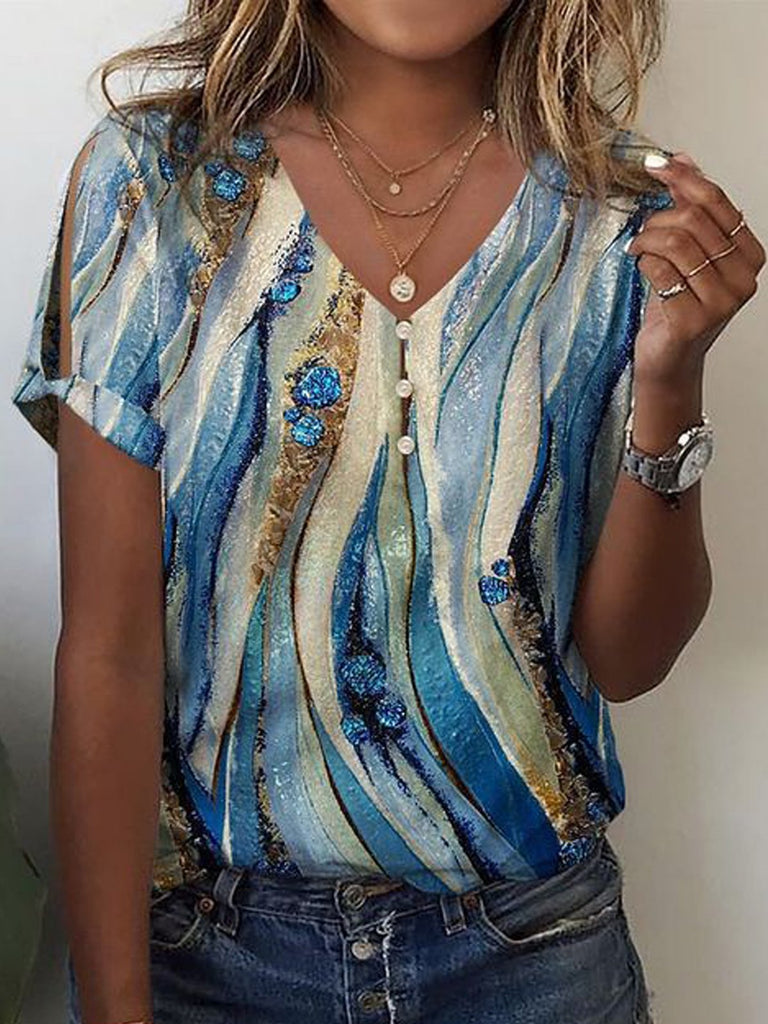 Casual V Neck Short Sleeve Abstract Fashion Regular T-Shirt