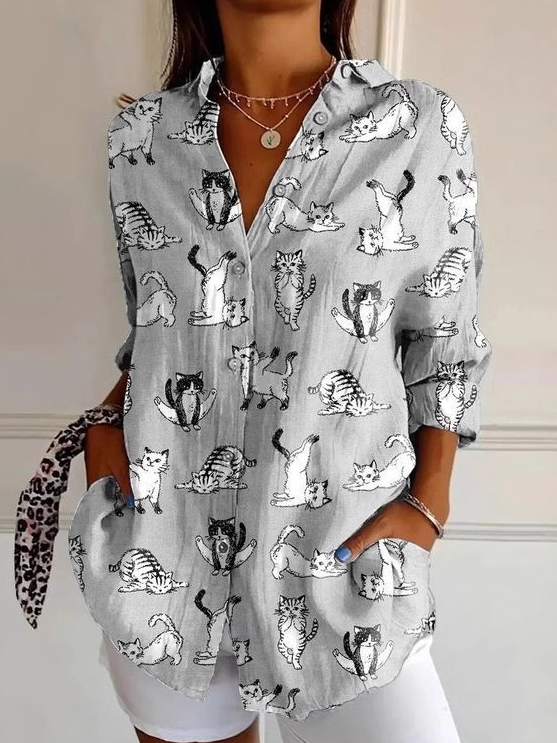 Fashion Long Sleeve Shirt Collar Geometric Floral Loose Regular Shirt