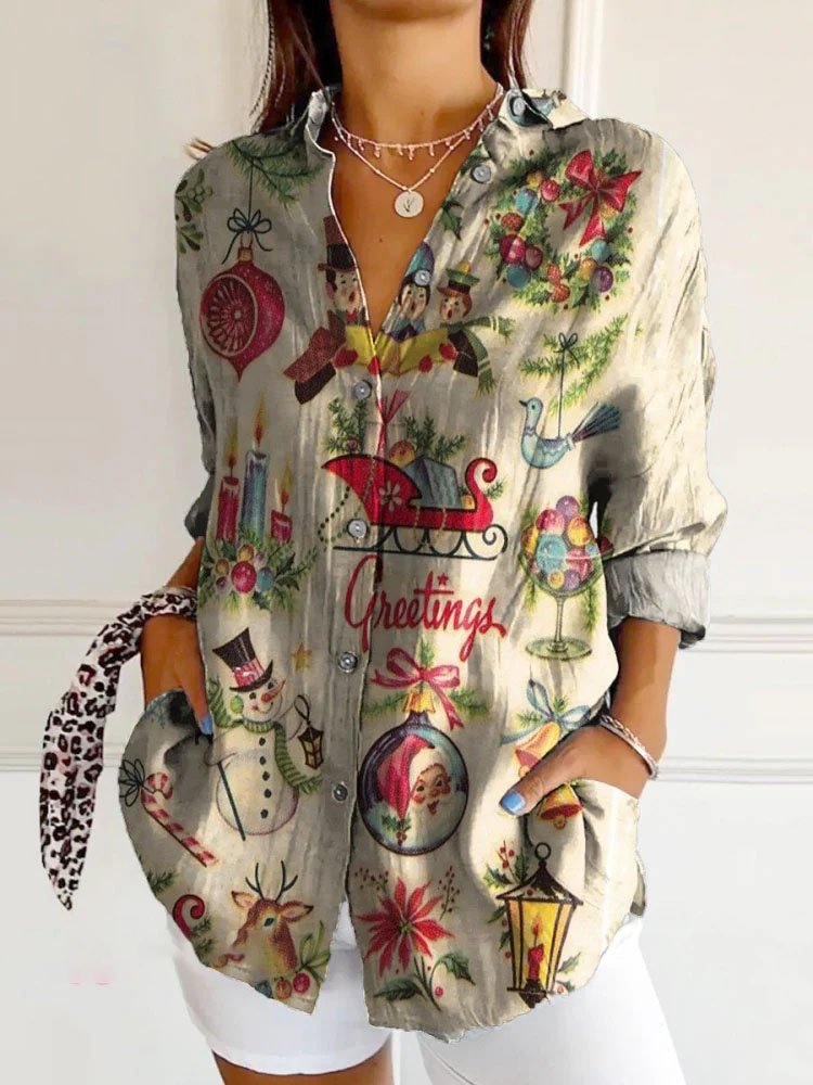 Fashion Long Sleeve Shirt Collar Christmas Loose Regular Shirt