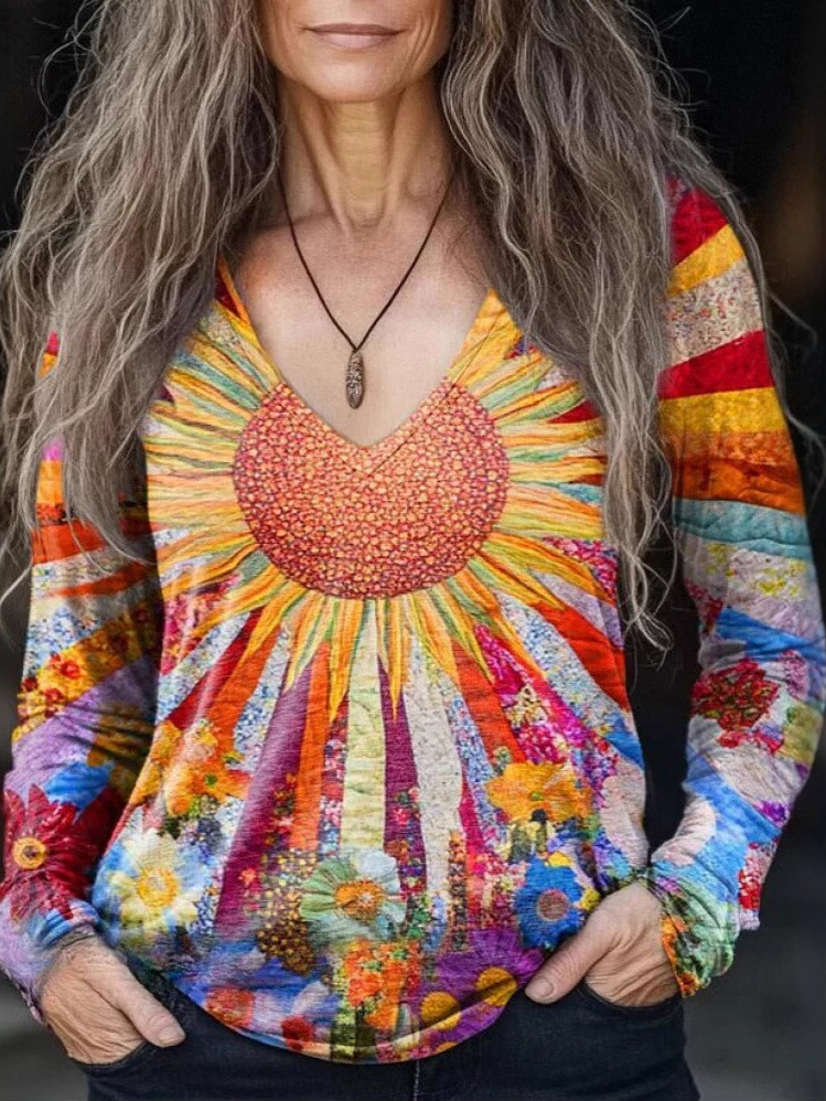 Fashion Crew Neck Long Sleeve Geometric Casual Regular T-Shirt