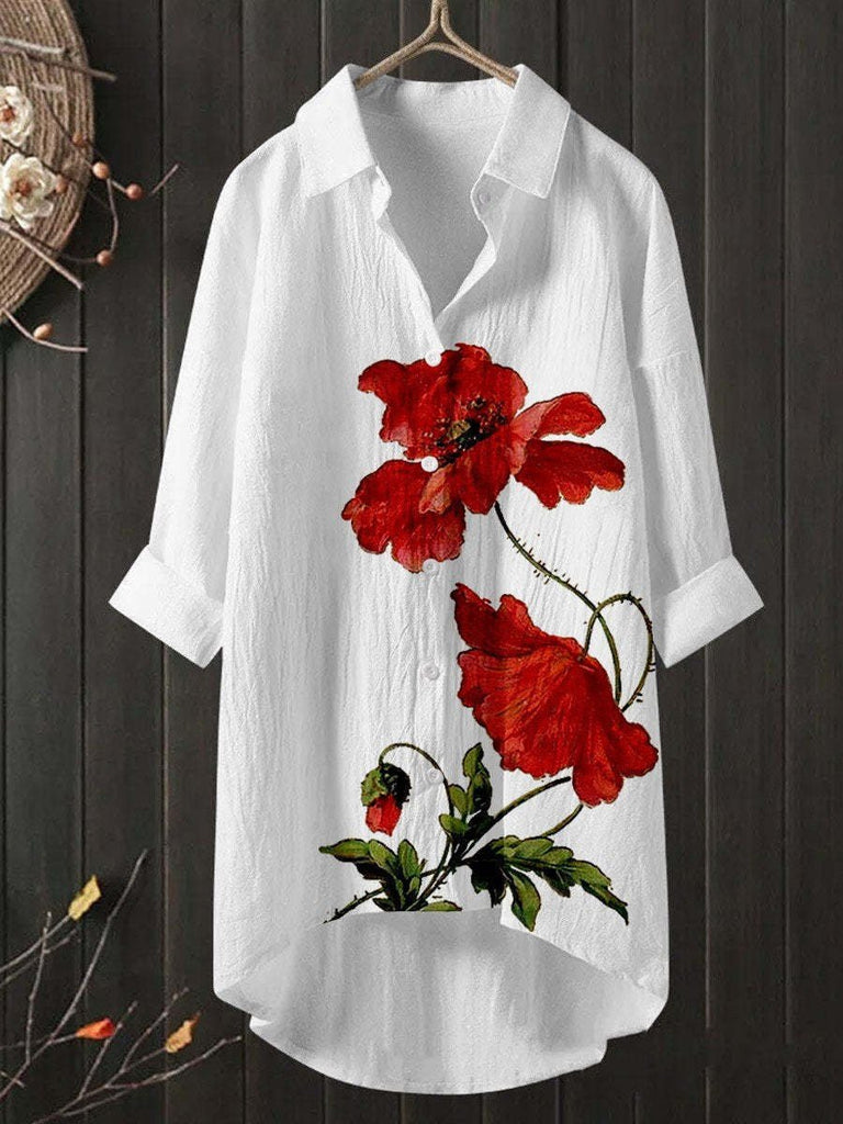 Fashion Long Sleeve Shirt Collar Floral Loose Mid-Long Shirt