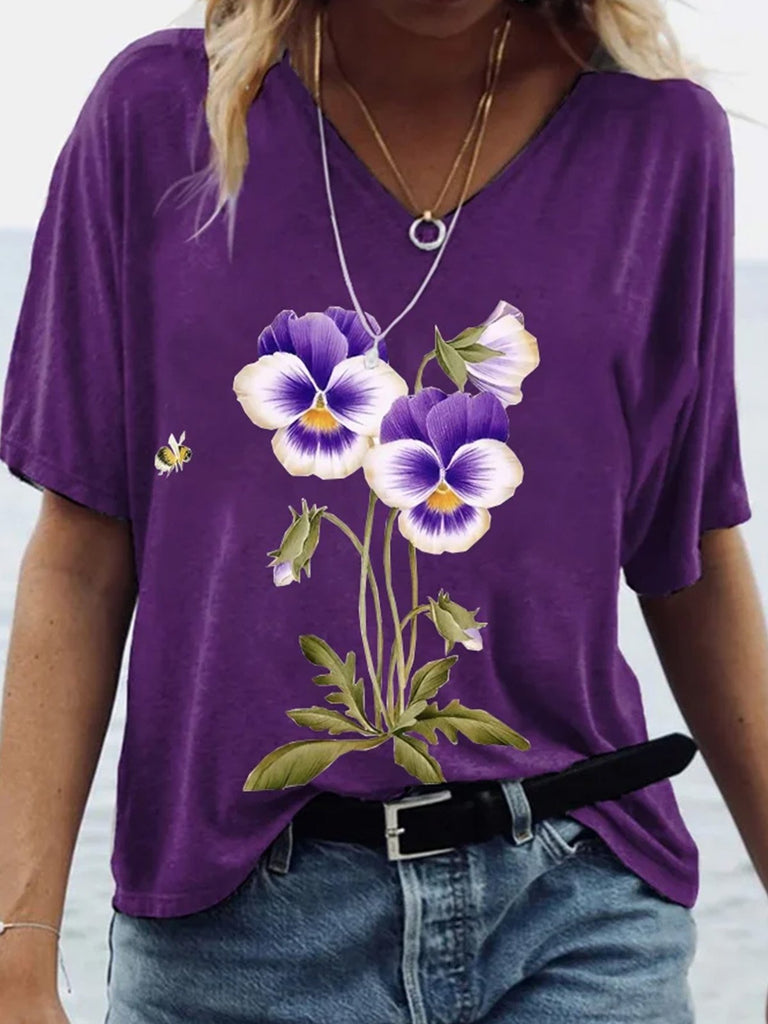 Casual V Neck Short Sleeve Floral Fashion Regular T-Shirt