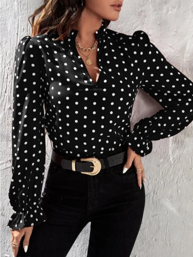 Fashion Long Sleeve Stand Collar Polka Dots Loose Mid-Long Blouse