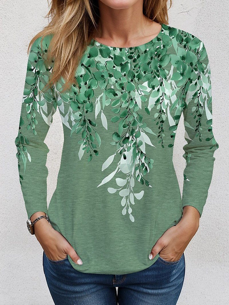 Casual Crew Neck Long Sleeve Leaf Fashion Regular T-Shirt