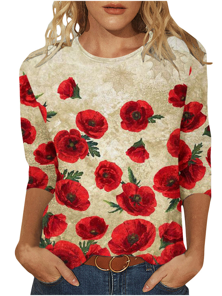 Fashion Crew Neck Long Sleeve Floral Loose Regular Blouses