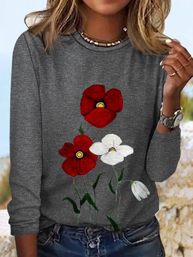 Casual Crew Neck Long Sleeve Floral Fashion Regular T-Shirt
