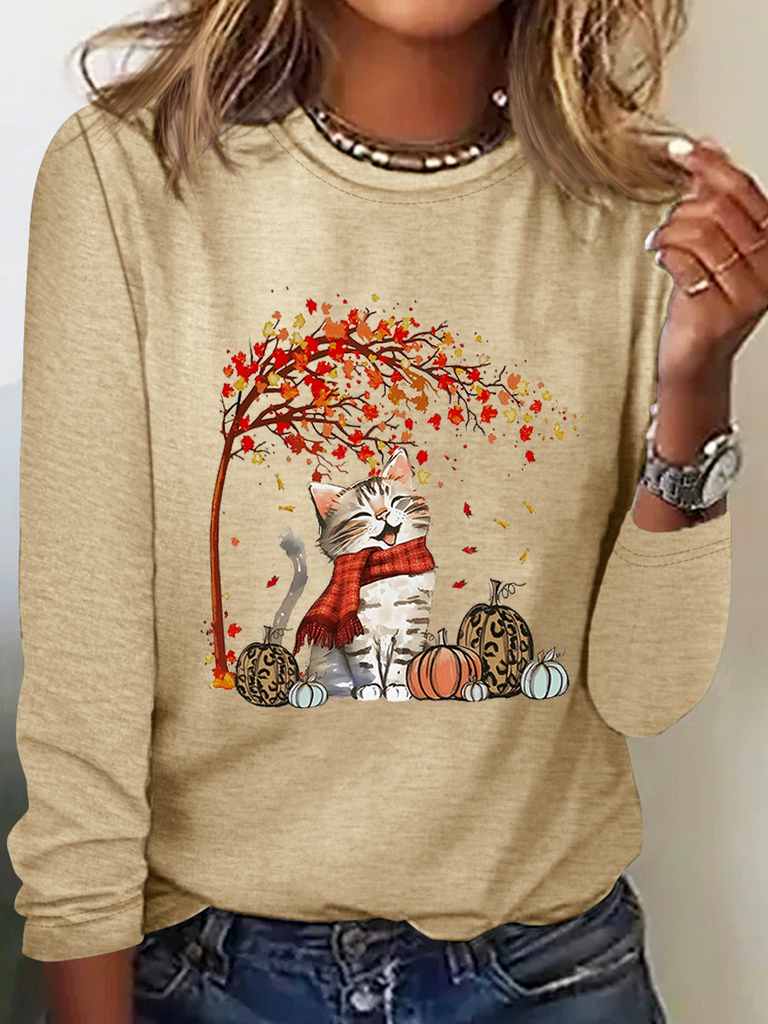 Crew Neck Long Sleeve Cat Fashion Regular Blouses