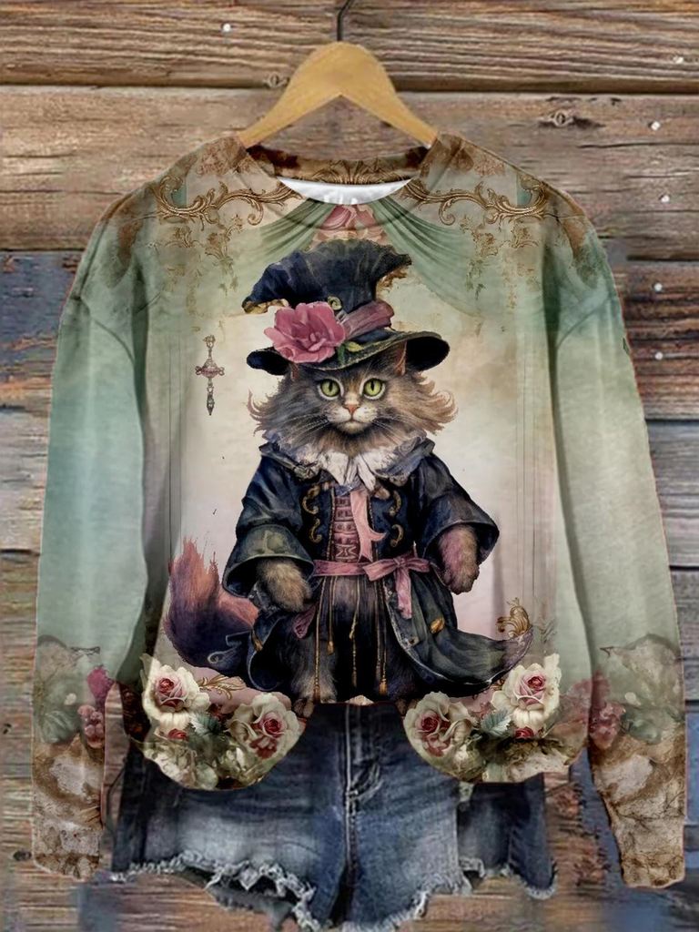 Fashion Crew Neck Long Sleeve Floral Cat Casual Regular Sweatshirt