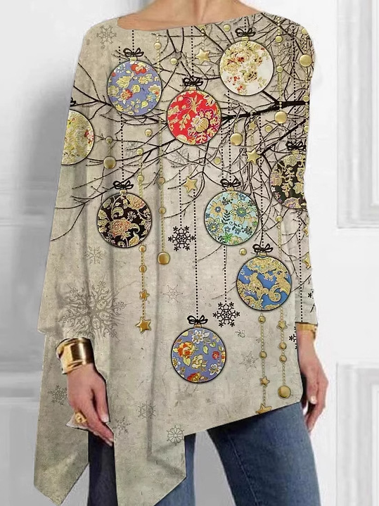 Fashion Crew Neck Long Sleeve Christmas Loose Mid-Long Blouses