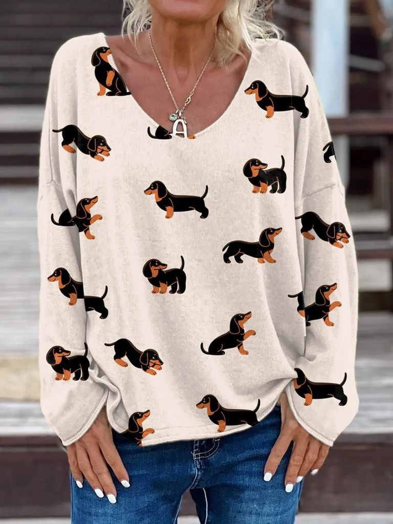 Loose V Neck Long Sleeve Animal Vintage Regular T-Shirt