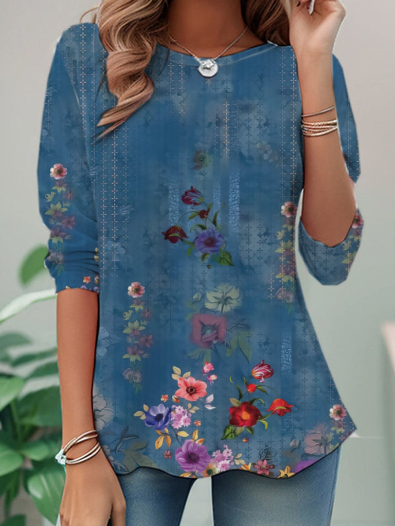 Casual Crew Neck Long Sleeve Floral Fashion Regular T-Shirt