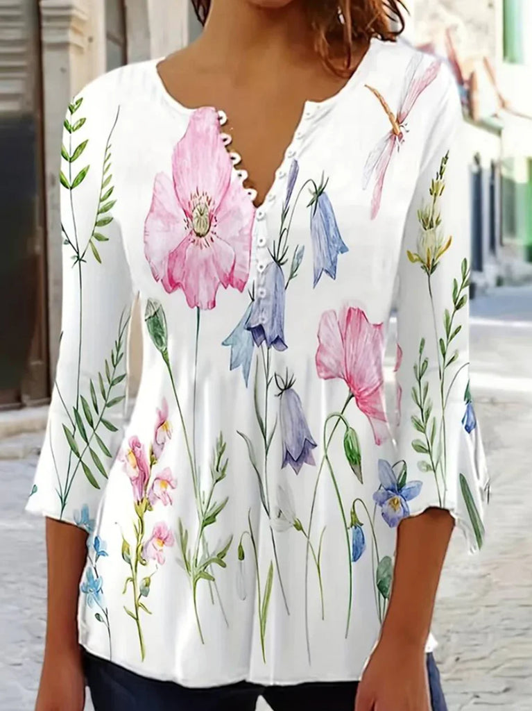 Loose Half Sleeve Crew Neck Floral Fashion Regular Blouses
