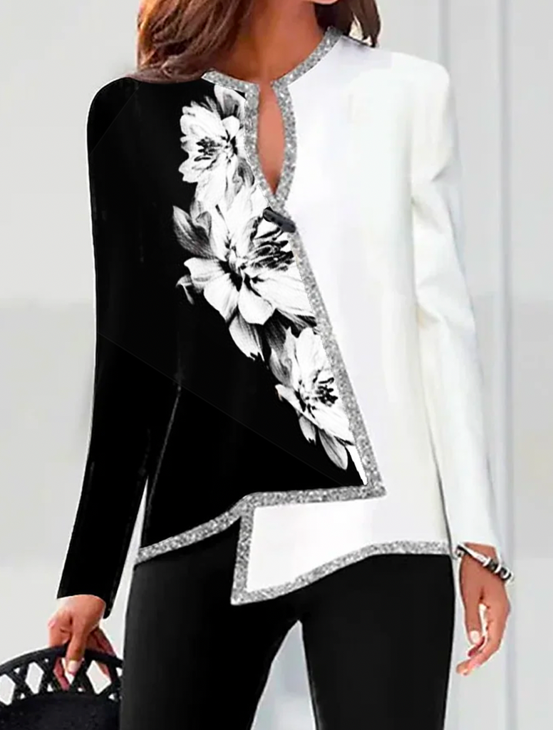 Loose Long Sleeve Notched Floral Party Regular Blouse
