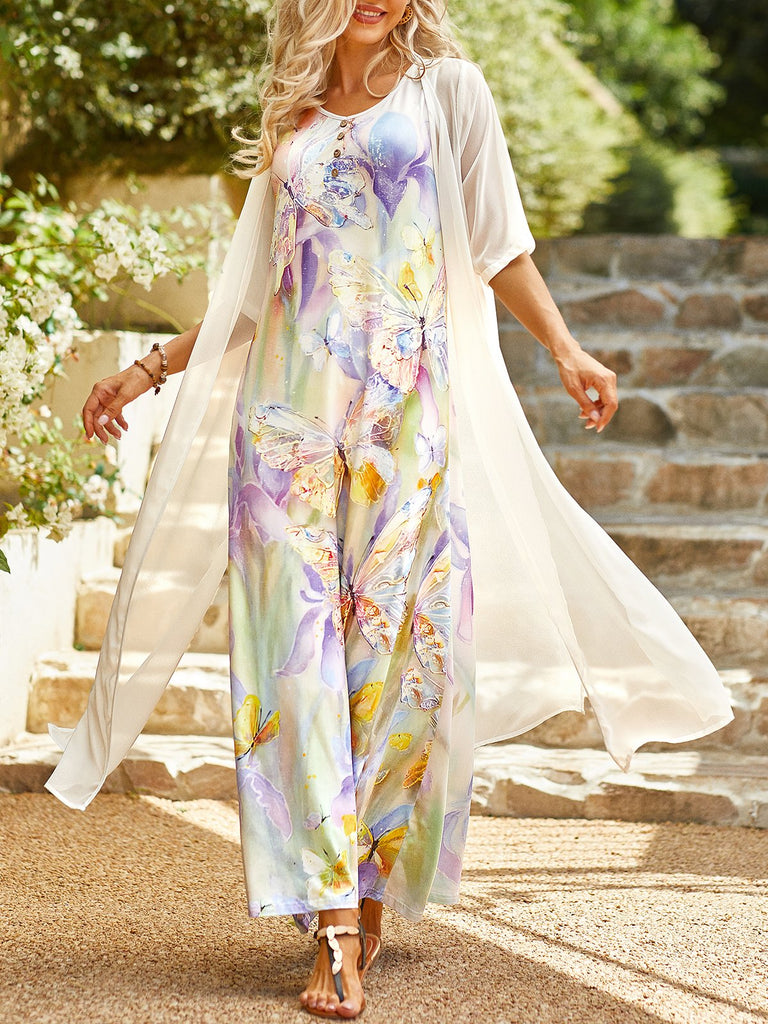 Fashion 3/4 Sleeve Crew Neck Floral Loose Maxi Dress