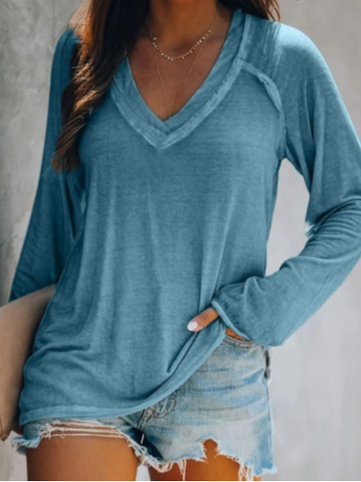 Fashion V Neck Long Sleeve Plain Zipper Loose Mid-Long Blouse